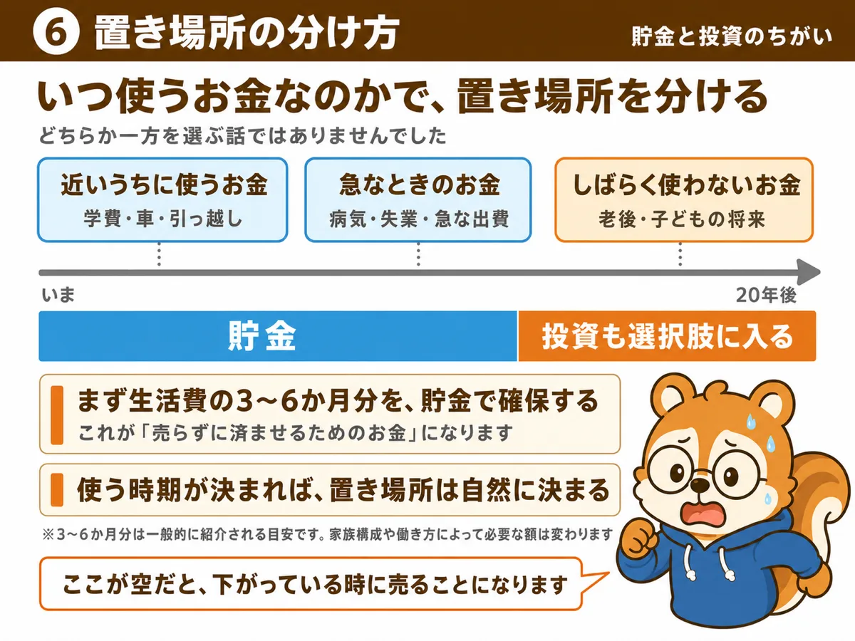 いつ使うお金かで置き場所を分ける。まず生活費3〜6か月分を貯金で確保する