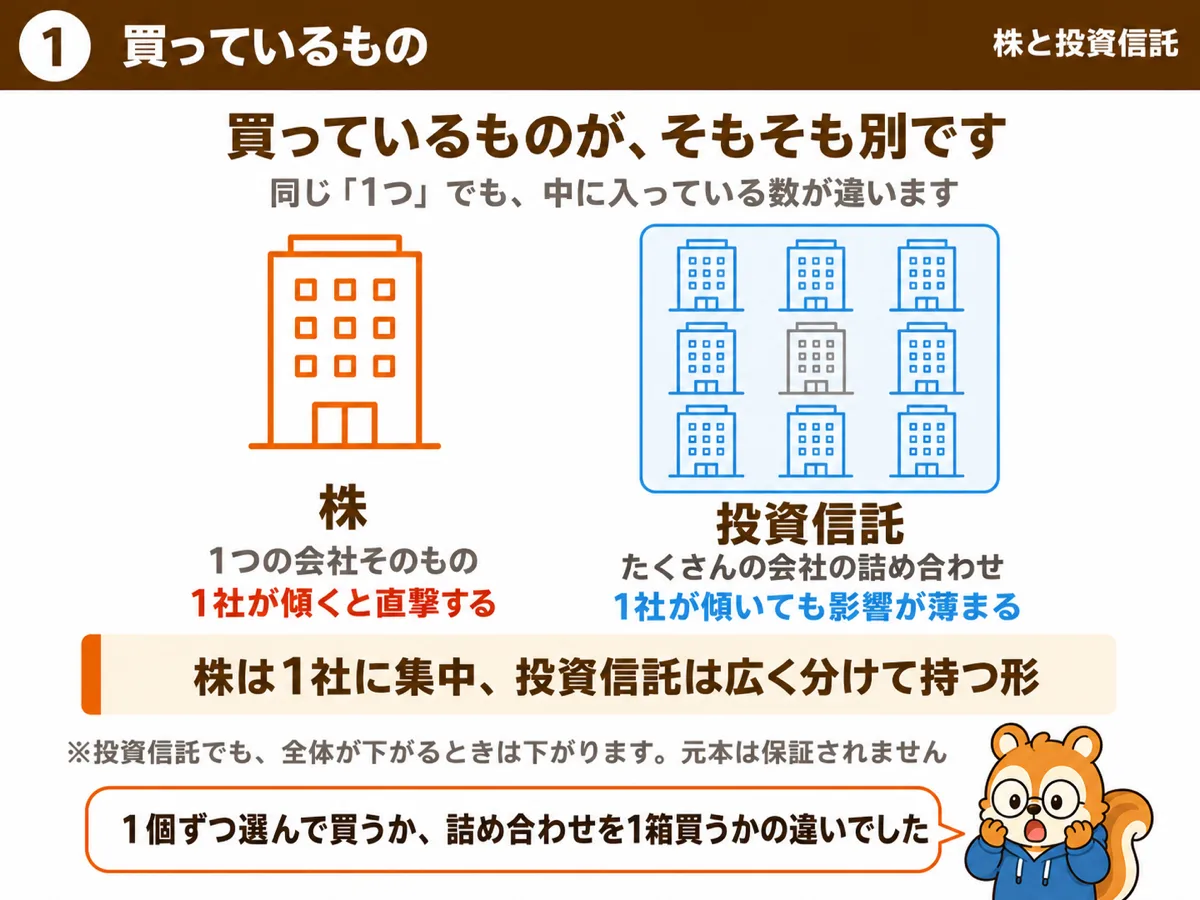 株は1つの会社そのもの、投資信託はたくさんの会社の詰め合わせ