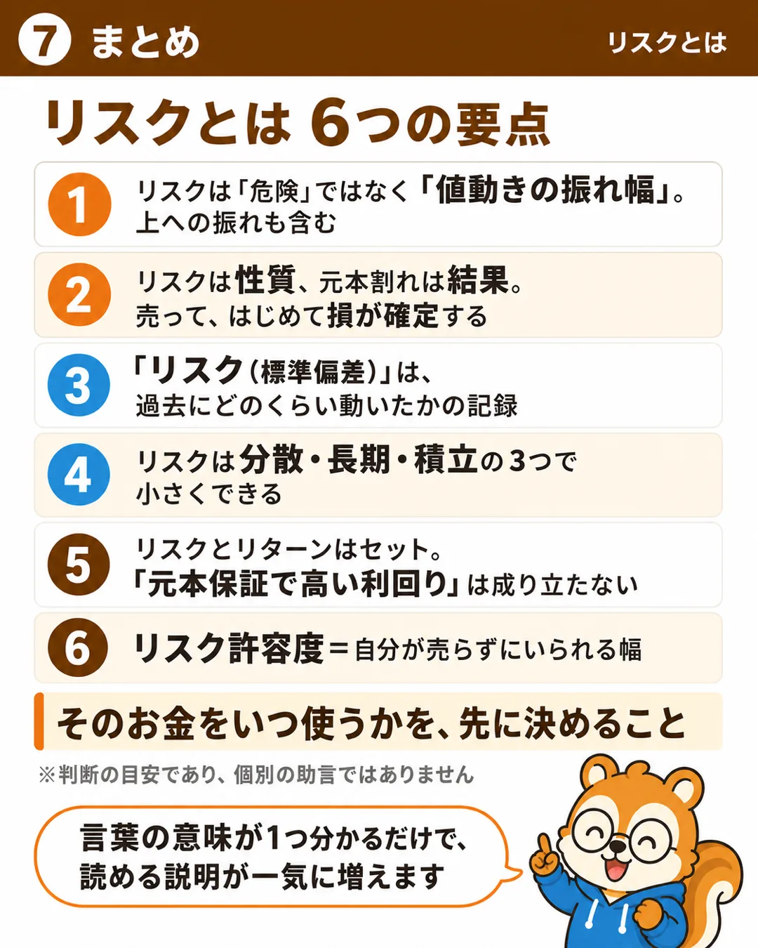 リスクとは6つの要点。危険ではなく振れ幅、性質と結果、標準偏差は過去の記録、分散・長期・積立で小さくできる、リスクとリターンはセット、リスク許容度は売らずにいられる幅